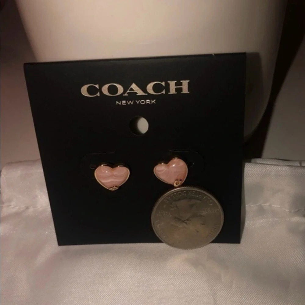 Coach Gold Heart Stud Earrings Enamel Logo Classic Jewelry NWT - Picture 5 of 5